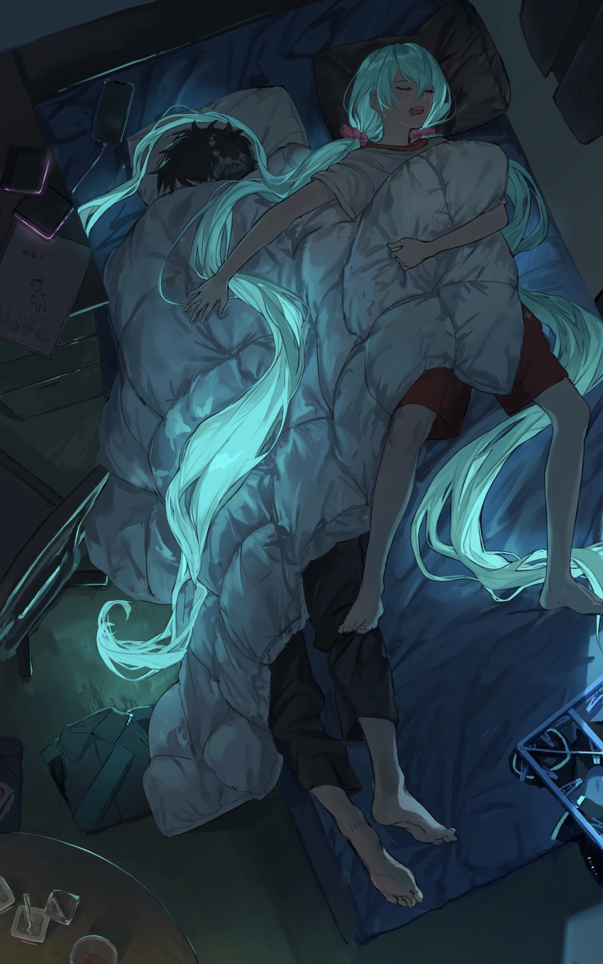 1boy 1girl absurdly_long_hair absurdres aqua_hair barefoot bed black_hair cellphone chair charging_device closed_eyes clothes_hanger comforter commentary folded_clothes from_above glowing glowing_hair hair_ornament hair_ornament_removed hair_scrunchie hataya hatsune_miku highres indoors long_hair low_twintails master_(vocaloid) neon_trim night object_hug open_mouth phone pillow red_shorts scrunchie shorts sleeping smartphone spoon table twintails under_covers very_long_hair vocaloid