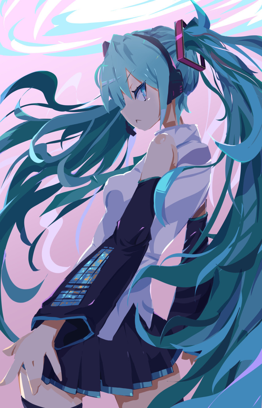 1girl :&lt; bangs bare_shoulders black_skirt black_sleeves closed_mouth commentary cowboy_shot detached_sleeves eyebrows_visible_through_hair from_side gradient gradient_background hair_ornament hantic888 hatsune_miku headphones highres long_hair looking_at_viewer looking_to_the_side pink_background shirt skirt solo standing thigh-highs very_long_hair vocaloid white_shirt