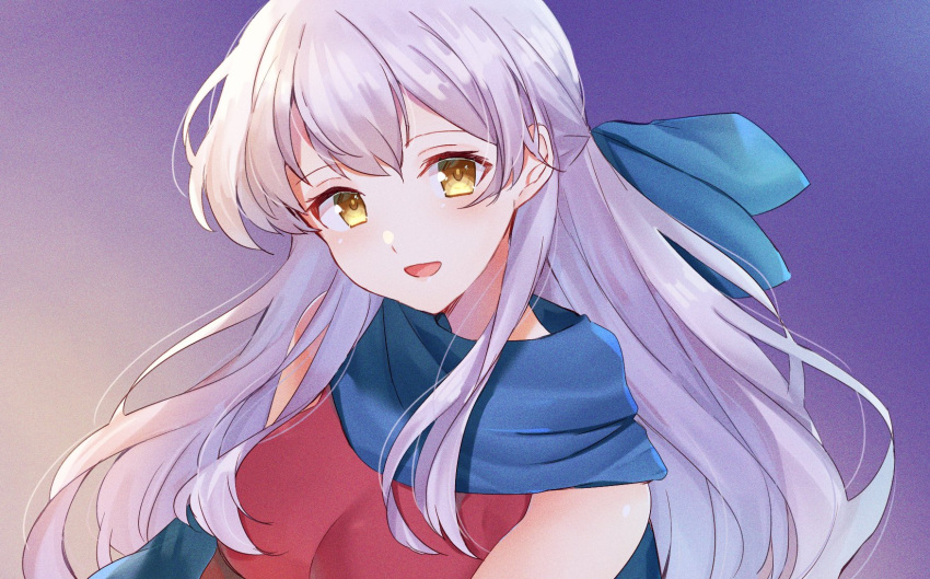 1girl :d bangle bangs bare_shoulders blue_scarf bracelet breasts dress edamameoka fire_emblem fire_emblem:_radiant_dawn gradient gradient_background hair_ribbon half_updo highres jewelry long_hair looking_at_viewer micaiah_(fire_emblem) open_mouth portrait ribbon scarf silver_hair simple_background sleeveless sleeveless_dress smile solo upper_body yellow_eyes