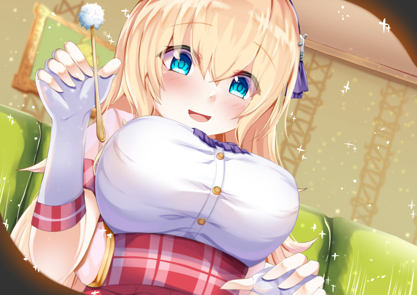 1girl absurdres azur_lane blue_eyes blush breasts commentary_request ear_cleaning eyebrows_visible_through_hair fingerless_gloves gloves hairband highres large_breasts leander_(azur_lane) long_hair manatu_kato mimikaki open_mouth platinum_blonde_hair purple_hairband short_sleeves smile upper_body white_gloves