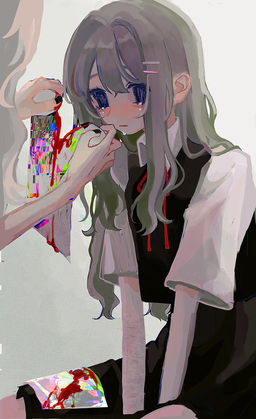 1girl absurdres arm_support bangs black_vest blood blue_eyes blush collared_shirt commentary_request crying dress_shirt film_grain green_hair hair_between_eyes hair_ornament hairclip highres long_hair neck_ribbon no_pupils original parted_lips red_neckwear red_ribbon ribbon ripping scar scar_on_arm school_uniform shirt short_sleeves sitting tears tknlita v-neck vest white_hair white_shirt wing_collar wrist_cutting