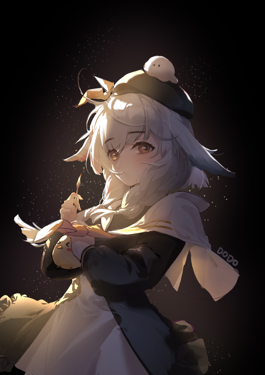 1girl absurdres azur_lane backlighting bangs beret black_background braid capelet chinese_commentary closed_mouth commentary_request dodo1996 eyebrows_visible_through_hair grey_hair hat highres kazagumo_(azur_lane) looking_at_viewer manjuu_(azur_lane) medium_hair neckerchief orange_eyes own_hands_together revision sailor_collar single_braid upper_body yellow_neckerchief