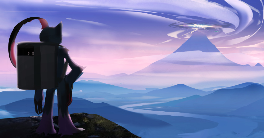 1other cliff clouds commentary_request dark energy fog from_behind hand_on_hip haru_akira highres hill mountain outdoors pokemon pokemon_(creature) pokemon_(game) pokemon_legends:_arceus scenery sky sneasler standing twilight