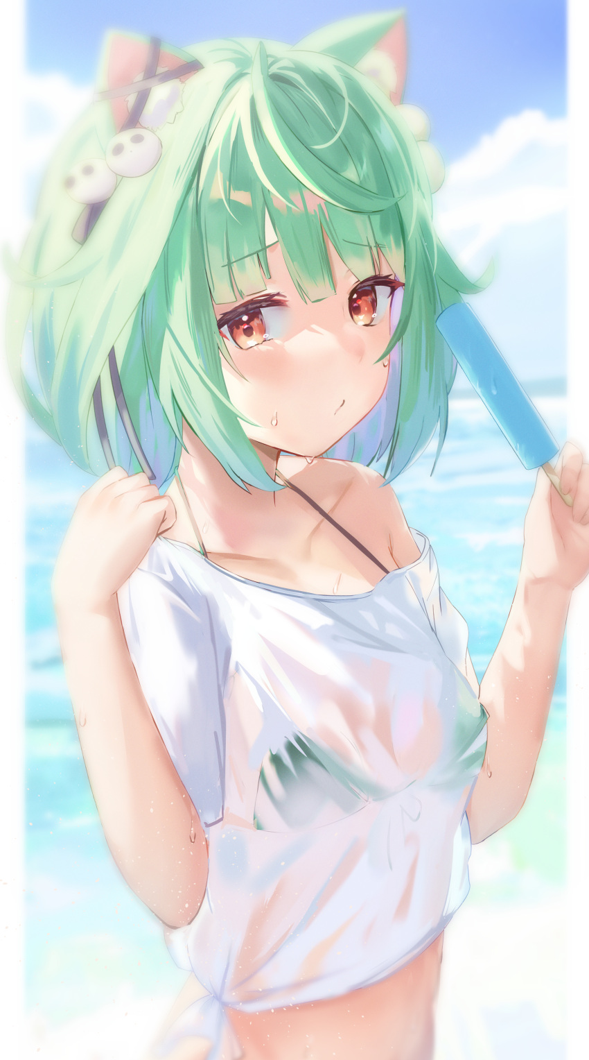 1girl :/ absurdres adjusting_clothes animal_ear_fluff animal_ears bangs bikini black_ribbon blue_sky blurry blurry_background breasts cat_ears closed_mouth clouds cloudy_sky collarbone commentary day derby_(dabidabi) ear_ribbon eyebrows_visible_through_hair food ghost_earrings green_bikini green_hair hand_up highres holding holding_food hololive looking_at_viewer medium_hair ocean off_shoulder orange_eyes outdoors popsicle ribbon see-through shiny shiny_hair shirt short_sleeves sidelocks sideways_glance single_bare_shoulder sky small_breasts solo string_bikini sunlight swimsuit tied_shirt uruha_rushia virtual_youtuber wet wet_clothes wet_shirt white_shirt
