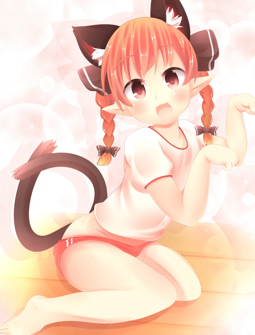 1girl :d absurdres akatsuki_no_guuru alternate_costume animal_ear_fluff animal_ears bad_anatomy bad_leg bangs barefoot black_bow blush bow braid buruma cat_ears cat_tail extra_ears eyebrows_visible_through_hair flat_chest groin hair_bow hair_ribbon hands_up happy highres indoors kaenbyou_rin long_hair looking_at_viewer multiple_tails nekomata open_mouth paw_pose pointy_ears puffy_short_sleeves puffy_sleeves red_buruma red_eyes redhead ribbon shirt short_sleeves simple_background smile solo tail tongue touhou tress_ribbon twin_braids twintails two_tails white_shirt wooden_floor