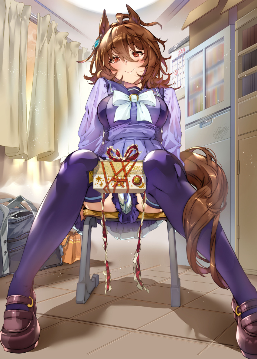 1girl absurdres agnes_tachyon_(umamusume) ahoge animal_ears arms_behind_back blue_legwear box breasts brown_eyes brown_footwear brown_hair calendar_(object) cardboard_box chair commentary_request curtains eyebrows_visible_through_hair gift gift_box highres horse_ears horse_girl horse_tail indoors loafers long_sleeves looking_at_viewer medium_breasts ribbon school_uniform shoes short_hair sitting smile solo tail thigh-highs tracen_school_uniform umamusume yanyo_(ogino_atsuki) zettai_ryouiki