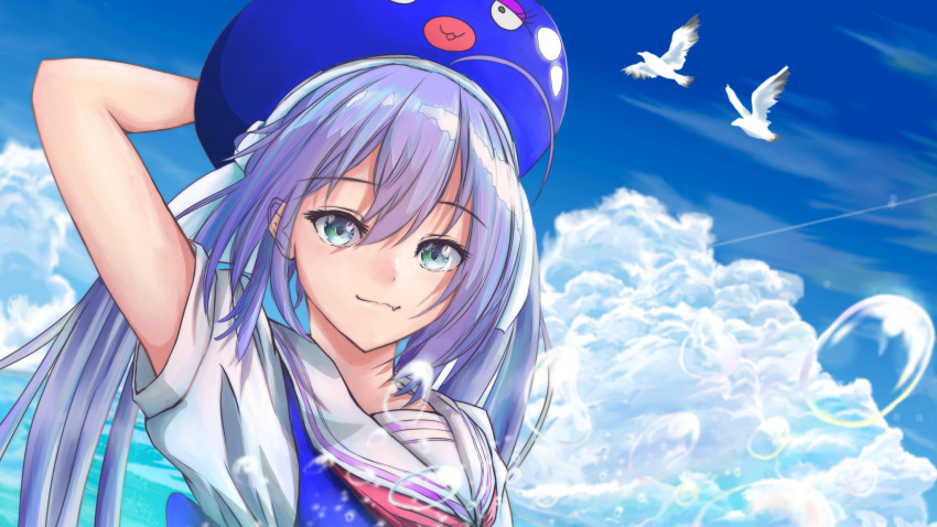 1girl absurdres arm_behind_head arm_up blue_eyes blue_hair blue_headwear blue_shirt bubble clouds collar collared_shirt commentary day eel_hat fang highres large_hat long_hair looking_at_viewer mienashigi otomachi_una outdoors sailor_collar shirt skin_fang sky smile solo upper_body vocaloid white_bird white_collar