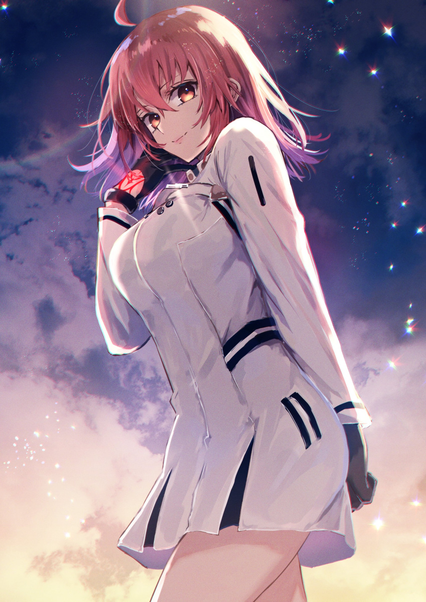 1girl absurdres ahoge bangs black_gloves chitose_ao clouds command_spell commentary cowboy_shot dress fate/grand_order fate_(series) from_below fujimaru_ritsuka_(female) fujimaru_ritsuka_(female)_(decisive_battle_chaldea_uniform) gloves highres looking_at_viewer looking_down medium_hair orange_hair short_dress sky smile solo standing uniform white_dress