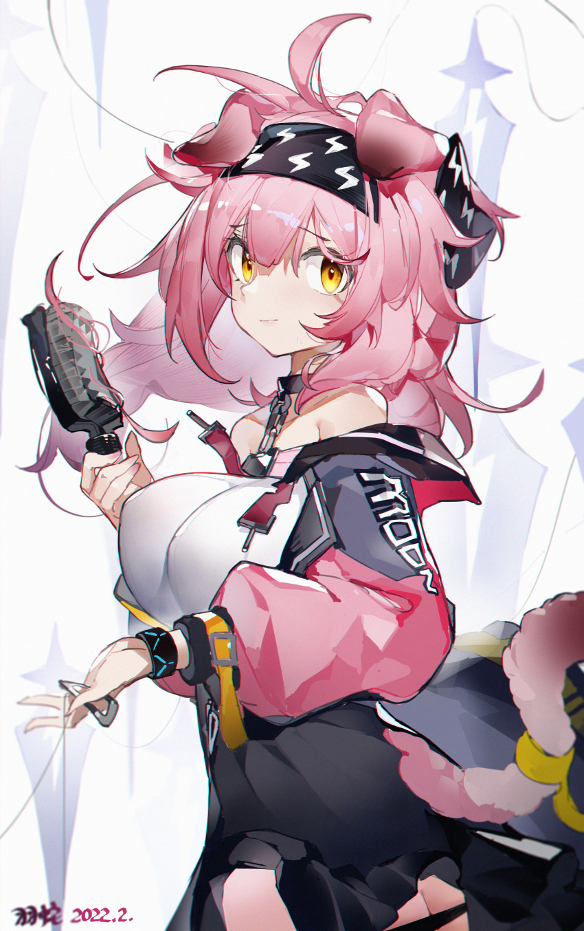 1girl absurdres animal_ears arknights bangs bare_shoulders black_hairband black_skirt bracelet breasts cat_ears cat_girl cat_tail chain closed_mouth clothes_writing coat collar cowboy_shot dated eyebrows_visible_through_hair from_side goldenglow_(arknights) hair_brush hairband high-waist_skirt highres holding holding_brush infection_monitor_(arknights) jewelry large_breasts lightning_bolt_print long_hair long_sleeves looking_at_viewer looking_to_the_side messy_hair off_shoulder open_clothes open_coat pink_hair simple_background skirt smile solo tail tail_through_clothes white_background yellow_eyes yushi_quetzalli