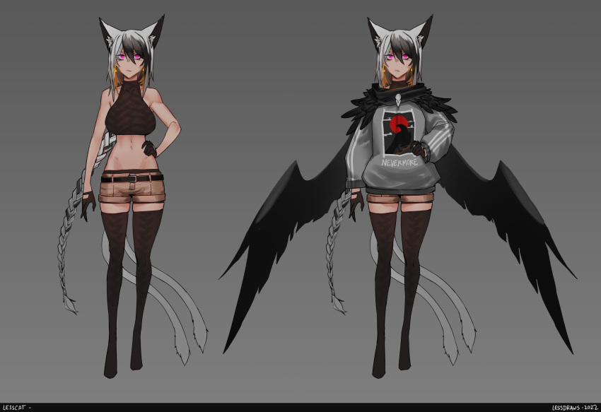 1girl :/ absurdres animal_ear_fluff animal_ears bangs bare_arms bare_shoulders beige_shorts belt black_belt black_gloves black_hair black_legwear black_wings blonde_hair braid cat_ears cat_tail clothes_writing commentary english_commentary full_body gloves grey_background grey_hair grey_jacket hair_between_eyes halterneck hands_on_hips highres jacket less long_braid long_hair long_sleeves midriff multicolored_hair multiple_tails multiple_views no_shoes original pink_eyes shorts simple_background tail the_raven thigh-highs two_tails very_long_hair wings