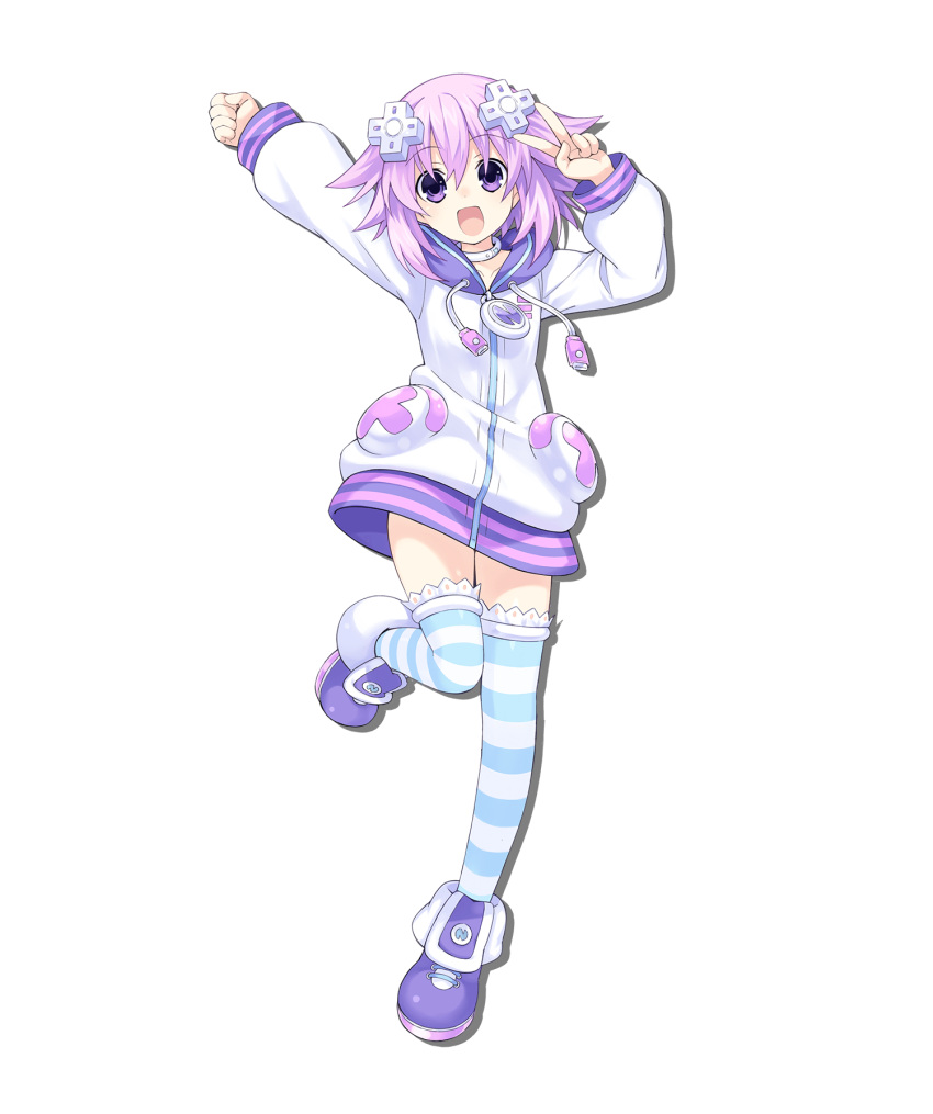 1girl :d alpha_transparency arm_up artist_request blue_legwear choujigen_game_neptune_sisters_vs_sisters clenched_hand collar d-pad d-pad_hair_ornament dot_nose drop_shadow eyebrows_visible_through_hair full_body hair_between_eyes hair_ornament highres hood hooded_jacket jacket leg_up long_sleeves looking_at_viewer neptune_(neptune_series) neptune_(series) official_art open_mouth purple_footwear purple_hair shoes smile solo standing standing_on_one_leg striped striped_legwear tachi-e thigh-highs transparent_background v violet_eyes white_jacket zettai_ryouiki