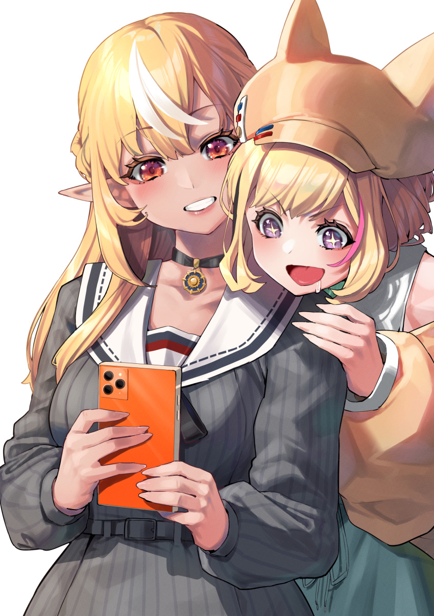 +_+ 2girls absurdres animal_ears bangs black_choker blonde_hair blue_dress brown_headwear cellphone choker commentary_request dark-skinned_female dark_skin dress drooling elf eyebrows_visible_through_hair fake_animal_ears grin hand_on_another's_shoulder highres holding holding_phone hololive long_sleeves mikan_(chipstar182) multicolored_hair multiple_girls omaru_polka open_mouth phone pink_hair pointy_ears puffy_long_sleeves puffy_sleeves red_eyes sailor_collar shiranui_flare smartphone smile streaked_hair striped striped_dress tongue tongue_out vertical-striped_dress vertical_stripes violet_eyes virtual_youtuber white_hair white_sailor_collar