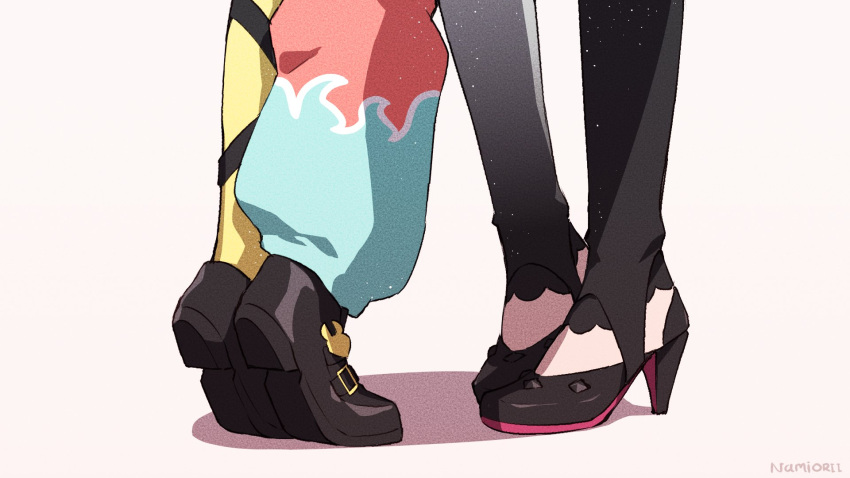 2girls asymmetrical_legwear black_footwear couple english_commentary gradient gradient_legwear hakos_baelz height_difference high_heels highres holocouncil hololive hololive_english implied_kiss irys_(hololive) kiss lower_body mismatched_legwear multiple_girls namii_(namialus_m) out_of_frame shoes simple_background standing thigh-highs thighs tiptoe_kiss tiptoes virtual_youtuber white_background yuri
