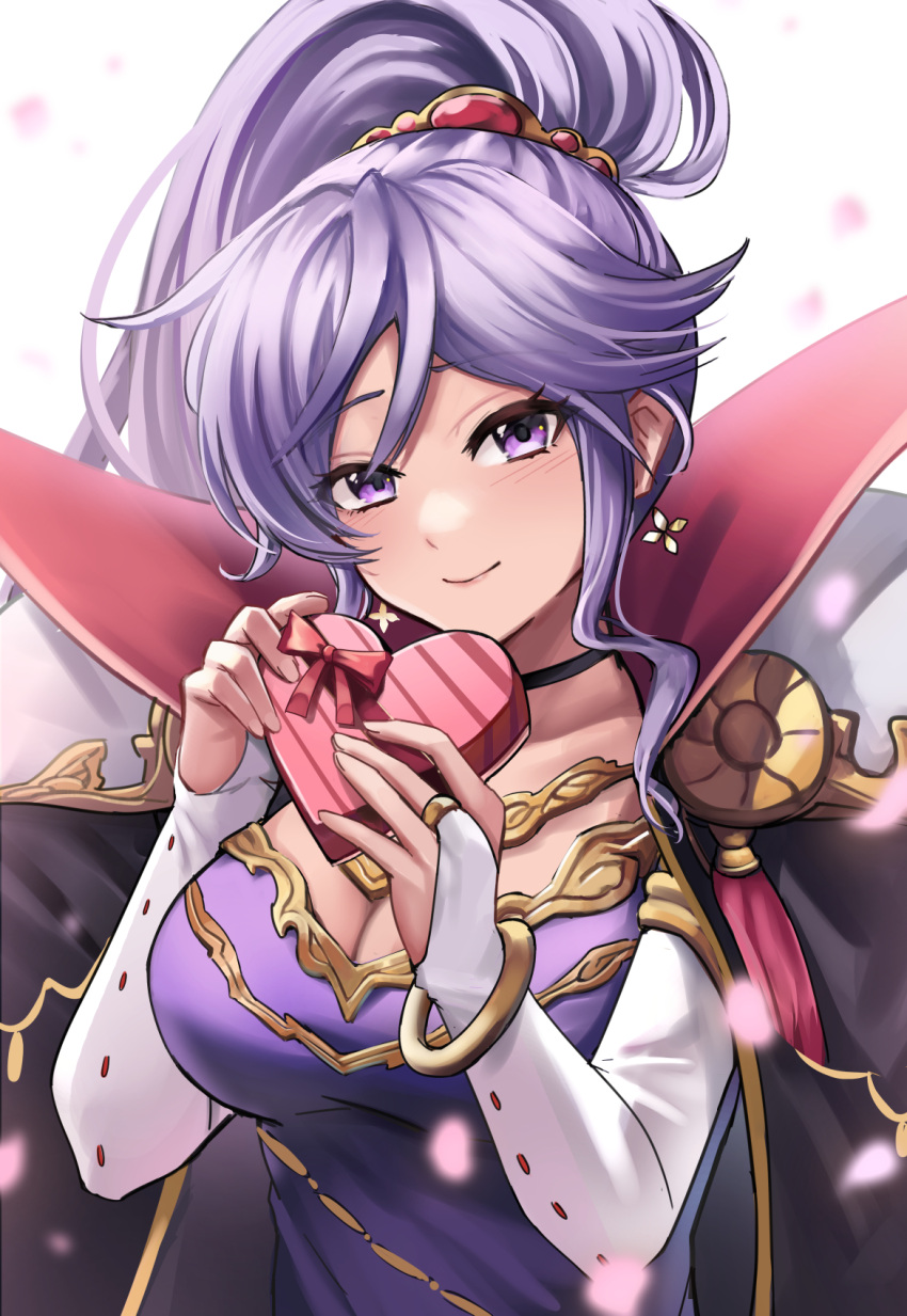 bow box box_of_chocolates breasts commission commissioner_upload earrings fire_emblem fire_emblem:_genealogy_of_the_holy_war fire_emblem_heroes gloves highres holding holding_weapon ishtar_(fire_emblem) jewelry looking_at_viewer purple_hair smile violet_eyes weapon wszkii