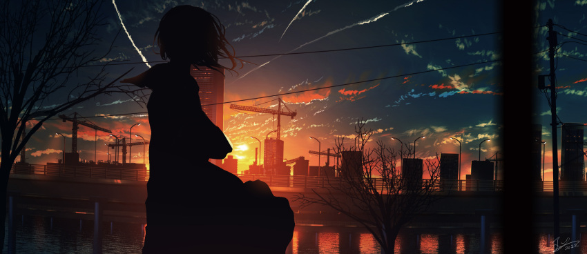 1girl absurdres building city cityscape clouds commentary_request contrail crane_(machine) dated evening highres lamppost original power_lines railing reflection scenery short_hair signature silhouette skirt skyline skyrick9413 skyscraper solo sunset tree utility_pole wind wind_lift
