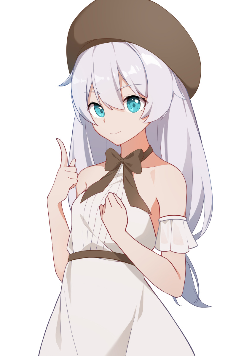 1girl absurdres bangs bare_shoulders beret blue_eyes brown_headwear closed_mouth dress hat highres honkai_(series) honkai_impact_3rd long_hair looking_at_viewer simple_background skysuy_(2267420264) sleeveless sleeveless_dress smile solo theresa_apocalypse white_background white_dress