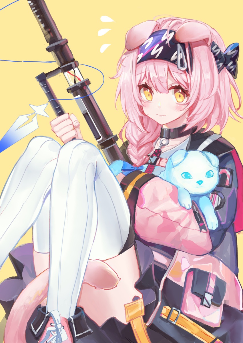 1girl absurdres animal animal_ears arknights bangs black_hairband black_skirt blue_bow blush bow braid cat cat_ears cat_girl cat_tail closed_mouth coat eyebrows_visible_through_hair feet_out_of_frame flying_sweatdrops goldenglow_(arknights) hair_bow hairband highres holding holding_animal holding_cat holding_staff knees_up lightning_bolt_print long_hair long_sleeves looking_at_viewer luren_max miniskirt pink_hair purple_coat scottish_fold side_braid simon_(ttgl) simple_background sitting skirt solo staff striped striped_legwear tail thigh-highs vertical-striped_legwear vertical_stripes white_legwear yellow_background yellow_eyes
