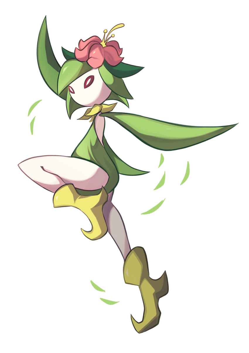 boots bright_pupils colored_skin commentary flower full_body highres hisuian_lilligant leaves_in_wind pink_flower pokemon pokemon_(creature) red_eyes solo surr_ealist white_background white_pupils white_skin yellow_footwear