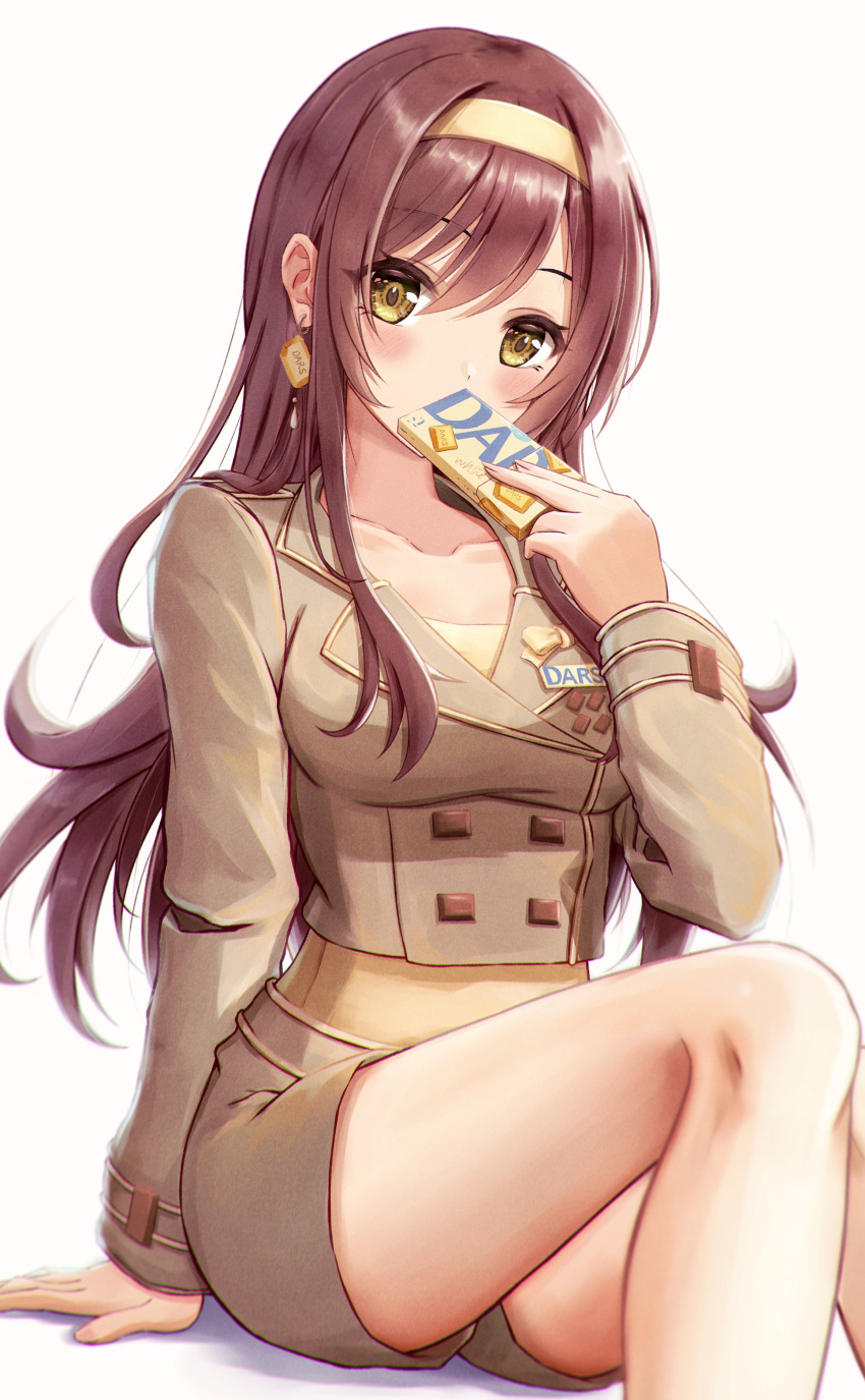 1girl absurdres bangs blush breasts brown_hair chocolate collarbone covering_mouth cropped_jacket dars dot_nose earrings eyebrows_visible_through_hair food-themed_earrings hair_between_eyes hairband highres holding idolmaster idolmaster_shiny_colors jewelry knees_up long_hair long_sleeves looking_at_viewer masuku_(saint_mask) medium_breasts oosaki_amana shiny shiny_hair short_shorts shorts simple_background sitting solo thighs white_chocolate