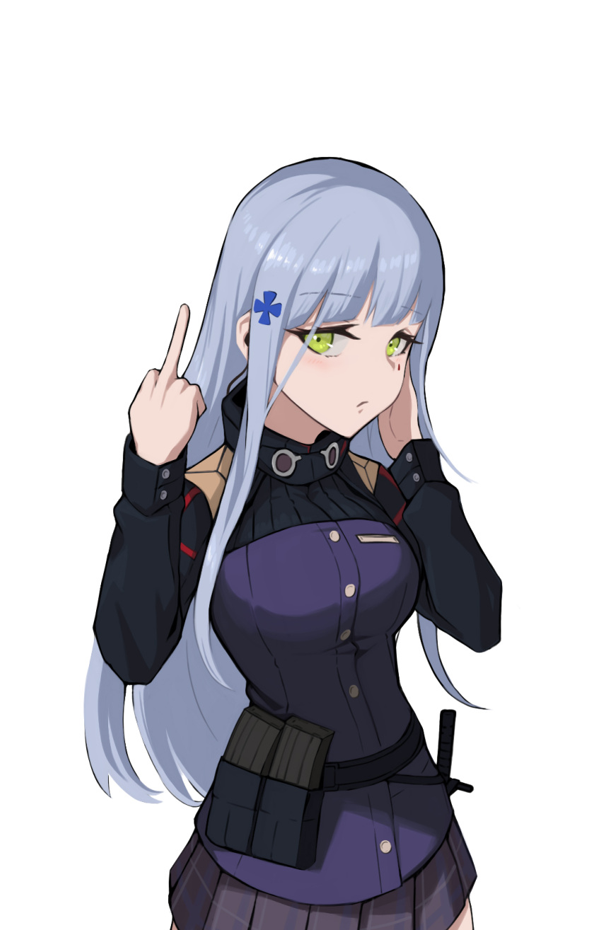 1girl assault_rifle bangs belt blunt_bangs breasts closed_mouth copycat001 cowboy_shot earpiece earplugs eyebrows_visible_through_hair facial_mark from_side girls_frontline green_eyes gun h&amp;k_hk416 hair_ornament hand_on_own_cheek hand_on_own_face highres hk416_(girls'_frontline) large_breasts long_hair long_sleeves looking_at_viewer magazine_(weapon) middle_finger military_jacket miniskirt plaid plaid_skirt ribbed_jacket rifle sidelocks sideways_glance silver_hair simple_background skirt solo teardrop teardrop_facial_mark teardrop_tattoo tight unamused utility_belt weapon white_background x_hair_ornament