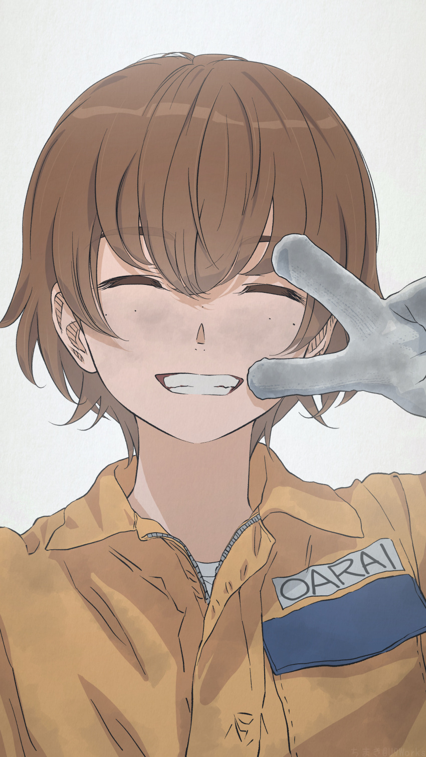 1girl absurdres akagi_(fmttps) brown_hair closed_eyes dirty dirty_face facing_viewer freckles girls_und_panzer gloves grin highres jumpsuit short_hair smile solo tsuchiya_(girls_und_panzer) upper_body v work_gloves