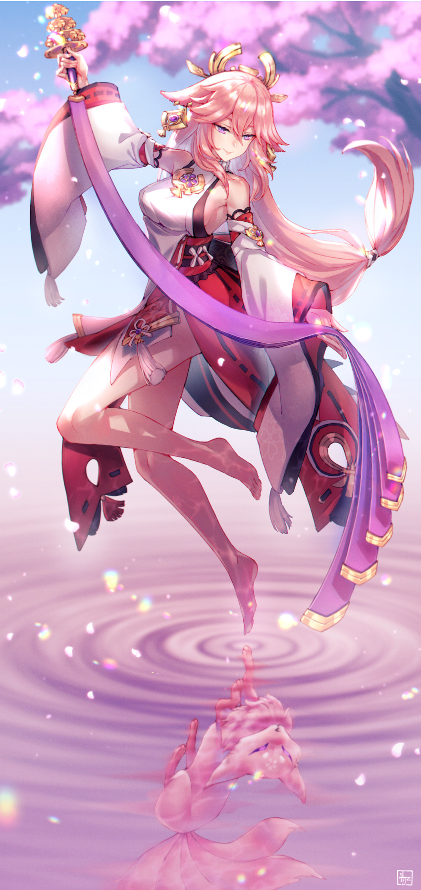 1girl absurdres animal animal_ears arm_up bare_legs barefoot blurry blurry_background breasts cherry_blossoms detached_sleeves earrings floating fox fox_ears full_body genshin_impact hair_ornament highres hjz_(artemi) holding holding_weapon japanese_clothes jewelry kitsune long_hair looking_down miko petals pink_hair reflection reflective_water smile tree violet_eyes vision_(genshin_impact) water weapon wide_sleeves yae_miko