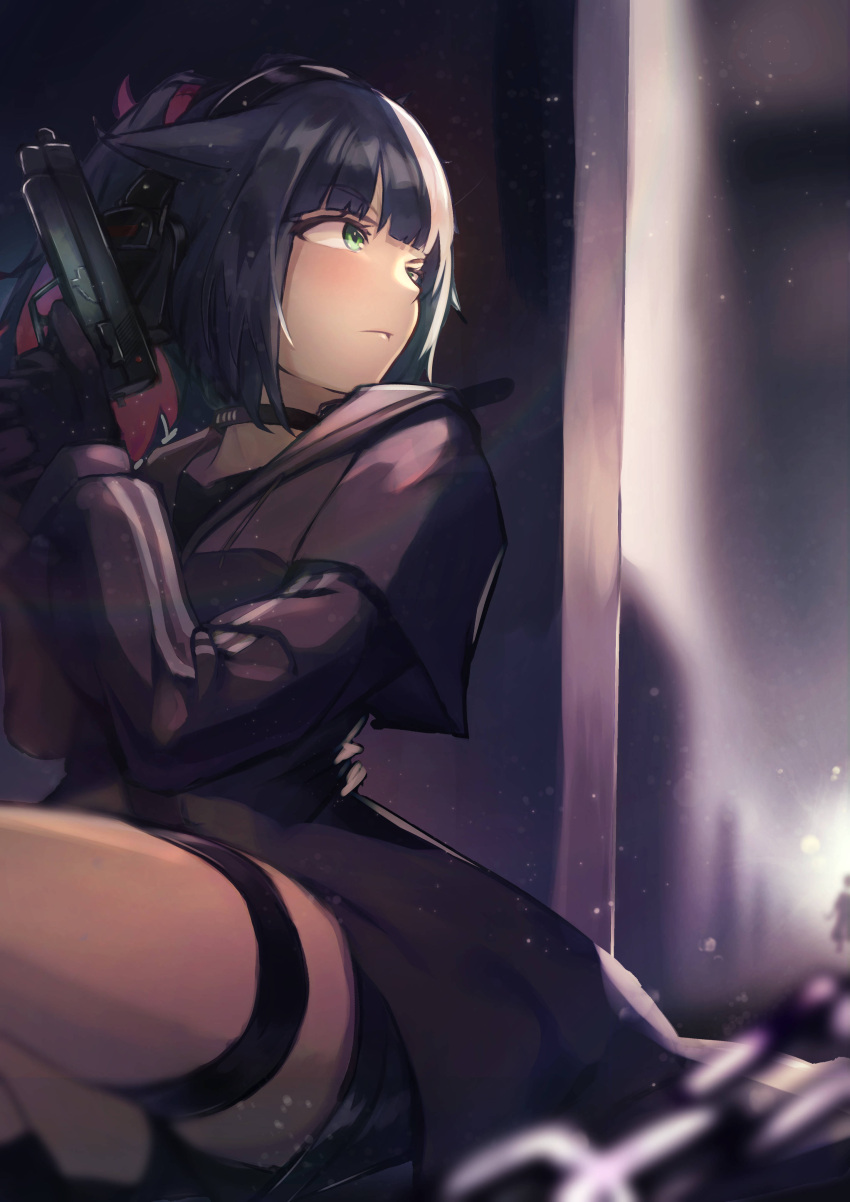1girl absurdres against_wall animal_ears arknights bangs black_choker black_gloves black_hair black_jacket black_shorts blunt_bangs blush cat_ears chain choker closed_mouth ear_protection eyebrows_visible_through_hair gloves green_eyes gun hallway handgun highres holding holding_gun holding_weapon indoors jacket jessica_(arknights) long_sleeves looking_back multicolored_hair pistol ponytail redhead short_shorts shorts silhouette sitting solo_focus thigh_strap two-tone_hair weapon