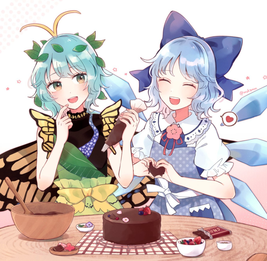 2girls antennae aqua_hair blue_bow blue_hair blush bow butterfly_wings chocolate cirno commission commissioner_upload detached_collar dress eternity_larva eyebrows_visible_through_hair fairy green_dress hair_between_eyes hair_bow heart highres ice ice_wings leaf leaf_on_head mozukuzu_(manukedori) multicolored_clothes multicolored_dress multiple_girls open_mouth puffy_short_sleeves puffy_sleeves shirt short_hair short_sleeves skeb_commission smile spoken_heart teeth touhou upper_teeth valentine white_shirt wings yellow_eyes