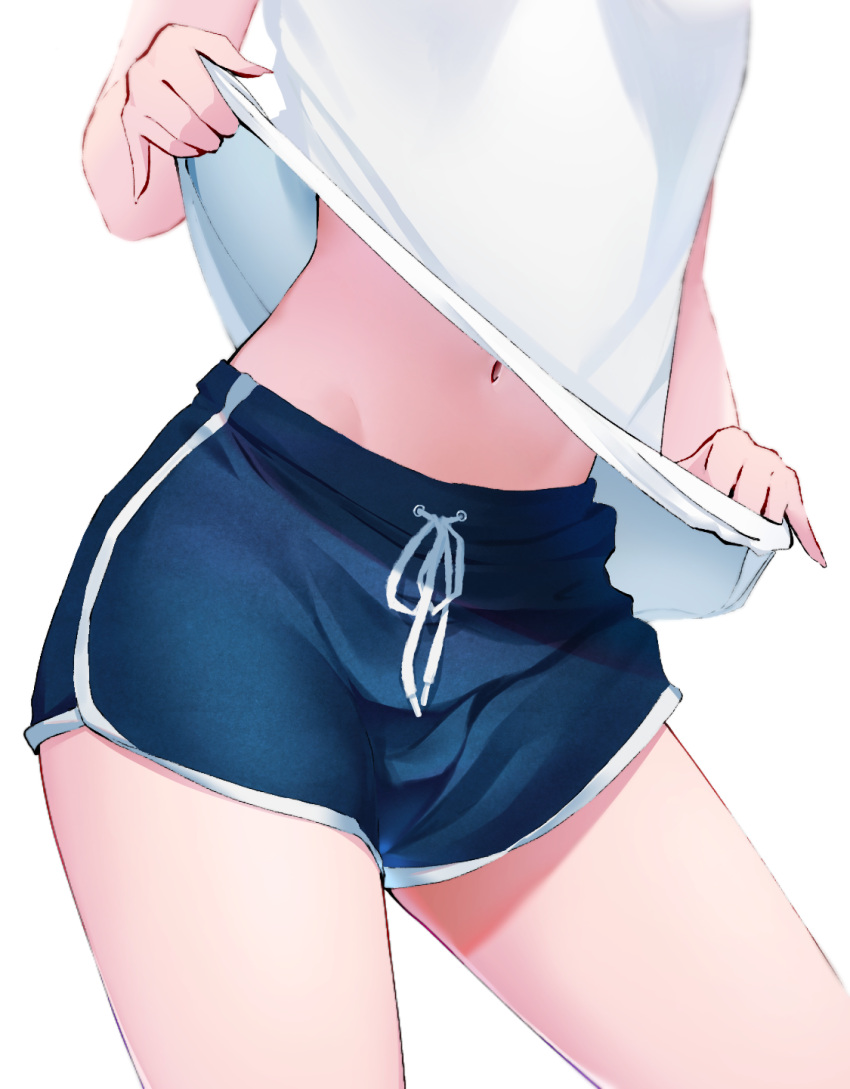 1girl black_shorts clothes_lift contrapposto dolphin_shorts eutoria highres lifted_by_self lower_body midriff navel original shirt shirt_lift short_shorts shorts simple_background solo standing thighs white_background white_shirt