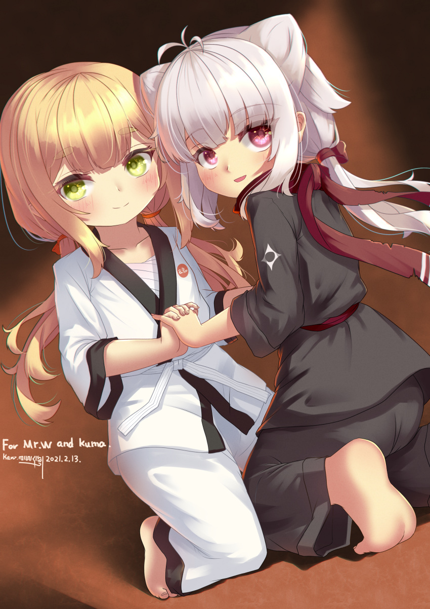 2girls absurdres ahoge ass bandages barefoot black_pants black_shirt blonde_hair borrowed_character dougi feet green_eyes highres holding_hands karate_gi karv kneeling long_hair looking_at_viewer looking_back low_twintails multiple_girls open_mouth original pants red_eyes red_scarf sarashi scarf shirt silver_hair smile soles toes twintails white_pants white_shirt