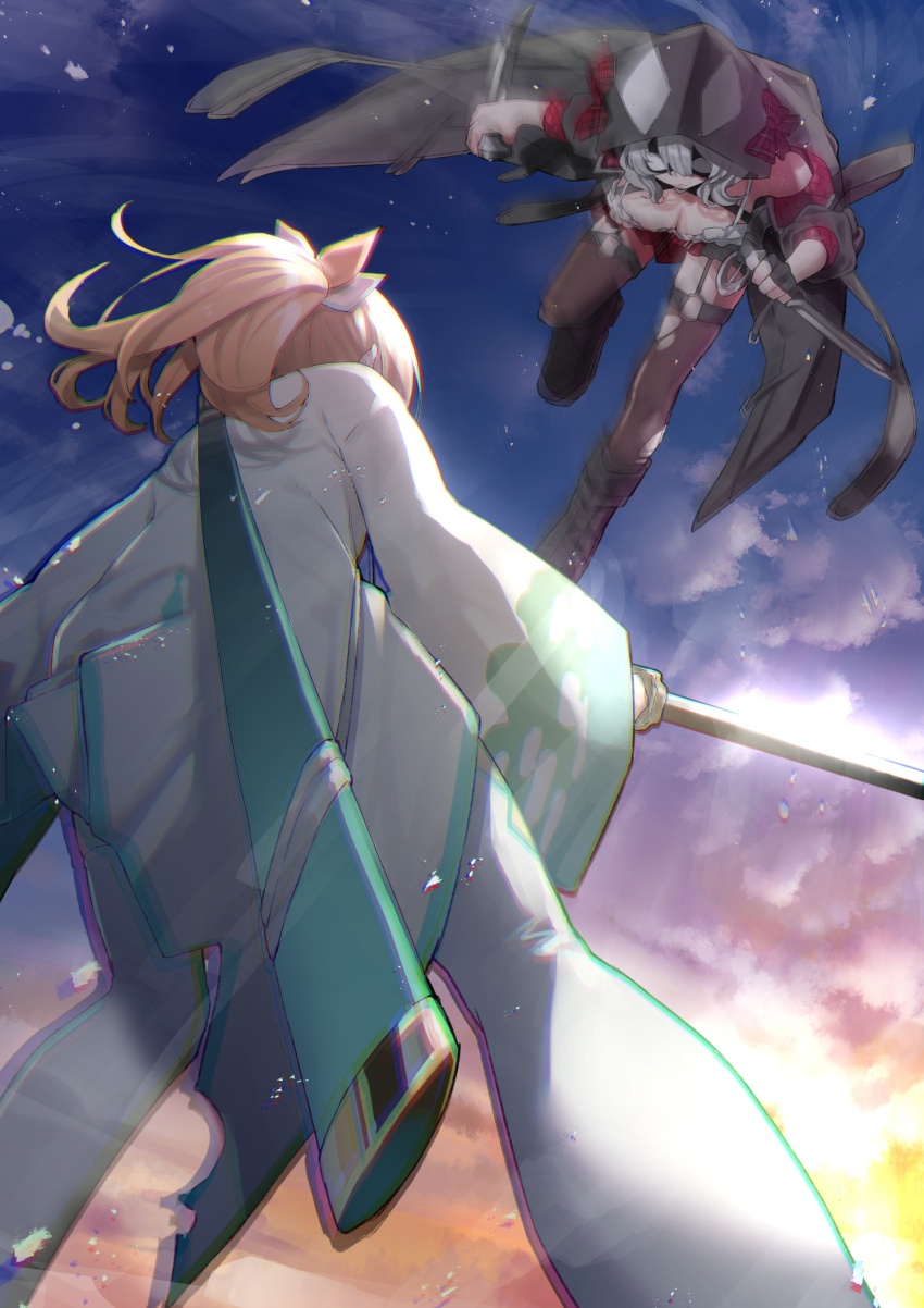 2girls absurdres battle black_gloves black_jacket blonde_hair boots bow breasts brown_legwear commentary_request dagger dual_wielding eye_mask fingerless_gloves from_below gloves haori highres holding holding_dagger holding_sword holding_weapon hololive hood hood_up jacket japanese_clothes kazama_iroha knife long_sleeves mikan_(chipstar182) multiple_girls one_eye_closed open_clothes open_jacket pantyhose ponytail red_bow sakamata_chloe sheath sky standing sword thigh-highs torn_clothes torn_legwear virtual_youtuber weapon white_legwear