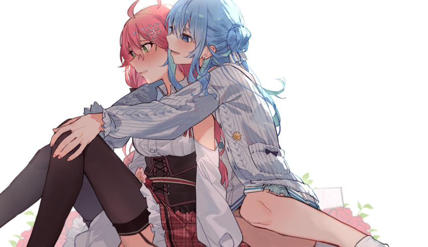2girls absurdres ahoge backlighting black_legwear blue_eyes blue_hair blush commentary_request earrings from_side green_eyes hands_on_another's_knees highres hololive hoshimachi_suisei hug hug_from_behind jewelry long_sleeves looking_at_another multiple_girls open_mouth pink_hair red_skirt ribbed_sweater sakura_miko sitting skirt smile sweater thigh-highs tsukino_(nakajimaseiki) virtual_youtuber white_background yuri