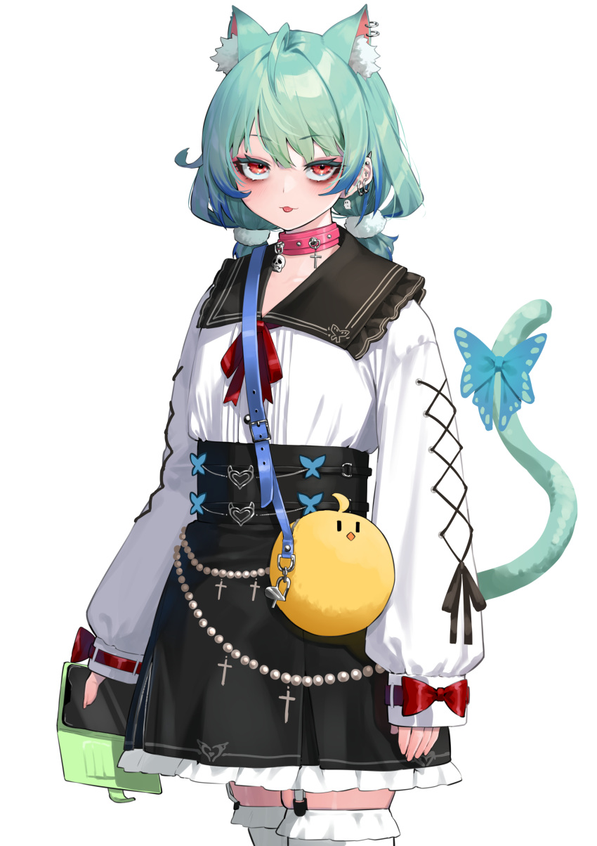 1girl :p absurdres animal_bag animal_ear_fluff animal_ears bag bangs black_skirt blue_hair cat_ears cat_girl cat_tail collar commentary_request cowboy_shot ear_piercing extra_ears eyebrows_visible_through_hair garter_straps green_hair high-waist_skirt highres hololive long_sleeves mikan_(chipstar182) multicolored_hair piercing pink_collar piyoko_(uruha_rushia) puffy_long_sleeves puffy_sleeves red_eyes red_ribbon ribbon shirt shoulder_bag simple_background skirt sleeves_past_wrists solo streaked_hair tail thigh-highs tongue tongue_out twintails uruha_rushia virtual_youtuber white_background white_legwear white_shirt