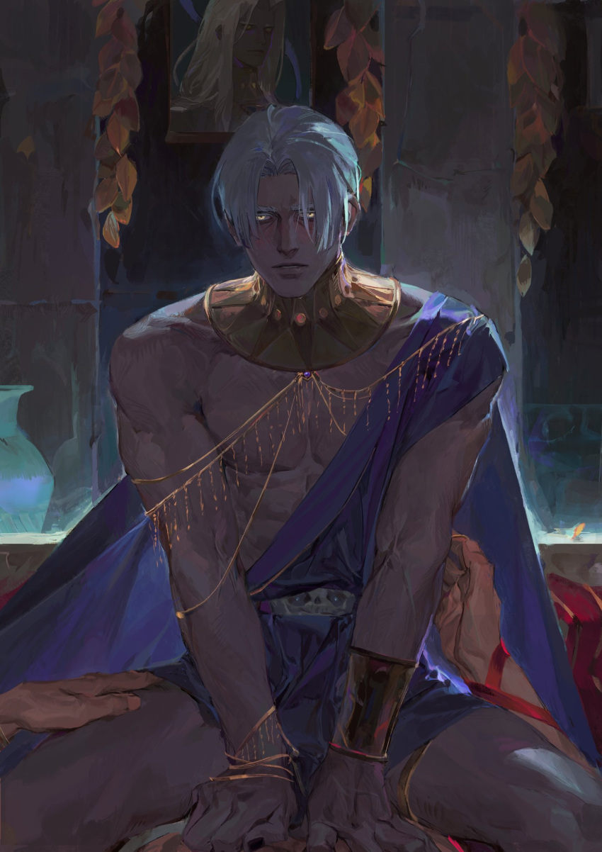 1boy abs bangs between_legs blush bracelet commentary dark feet_out_of_frame gold hades_(game) hand_between_legs hands_on_another's_hips highres jewelry lips looking_at_viewer male_focus maple12031 muscular muscular_male nose parted_bangs parted_lips short_hair sitting solo_focus spread_legs symbol-only_commentary thanatos_(hades) white_hair yellow_eyes