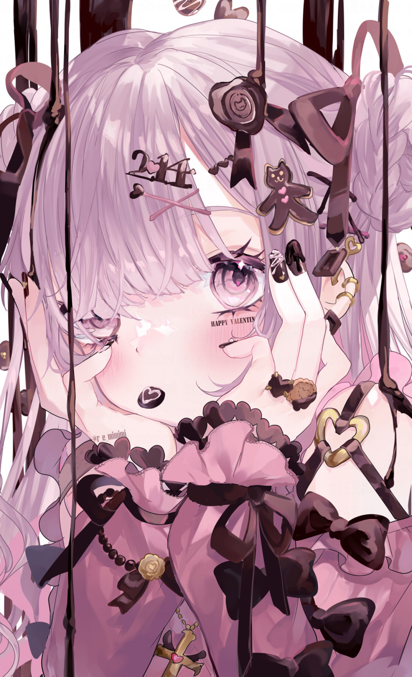 1girl bangs black_bow black_nails black_ribbon blush bow chocolate commentary double_bun dress dress_bow ear_piercing eyelashes face frilled_dress frills hair_ornament hair_over_one_eye hair_ribbon hairclip hands_on_own_cheeks hands_on_own_face head_rest heart_ring highres light_purple_eyes light_purple_hair looking_at_viewer mouth_hold multiple_bows one_eye_covered piercing pink_dress portrait remimim ribbon solo valentine