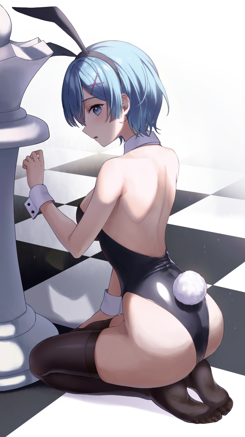 1girl :o absurdres alternate_costume animal_ears ass back backless_leotard backless_outfit bare_arms bare_shoulders black_hairband black_legwear blue_eyes blue_hair blush breasts checkered_floor chess_piece fake_animal_ears fake_tail from_side full_body hair_ornament hairband hairclip highres looking_at_viewer looking_to_the_side medium_breasts no_shoes parted_lips playboy_bunny queen_(chess) rabbit_ears rabbit_tail re:zero_kara_hajimeru_isekai_seikatsu rem_(re:zero) seiza short_hair sideboob simple_background sitting skindentation solo tail thigh-highs white_background wrist_cuffs x_hair_ornament yeorem