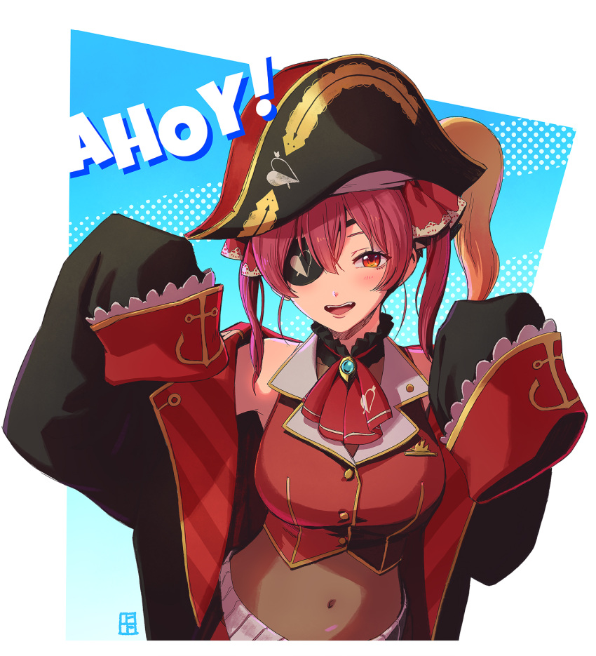 1girl a-ka artist_logo bangs bare_shoulders blue_background blush brooch commentary_request covered_navel hair_between_eyes hands_up hat highres hololive houshou_marine jewelry looking_at_viewer mixed-language_commentary one_eye_covered open_mouth pirate_hat polka_dot red_eyes redhead sharp_teeth sleeves_past_wrists smile solo teeth two_side_up upper_body