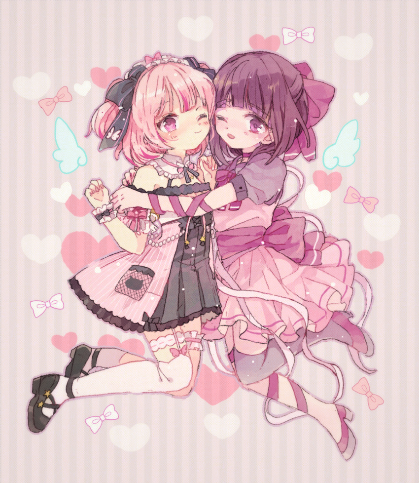 2girls angel_wings bangs black_bow black_ribbon blonde_hair blouse blush bow brown_hair choker commission dress eyebrows_visible_through_hair fallenshadow flat_chest frills grey_blouse hair_bow headband highres hug indie_virtual_youtuber legs_up lemonleaf loli multicolored_hair multiple_girls off_shoulder one_eye_closed open_mouth pink_bow pink_dress pink_eyes ribbon short_hair short_twintails single_thighhigh single_wrist_cuff skeb_commission smile streaked_hair sunflower-m thigh-highs twintails virtual_youtuber wings wrist_cuffs