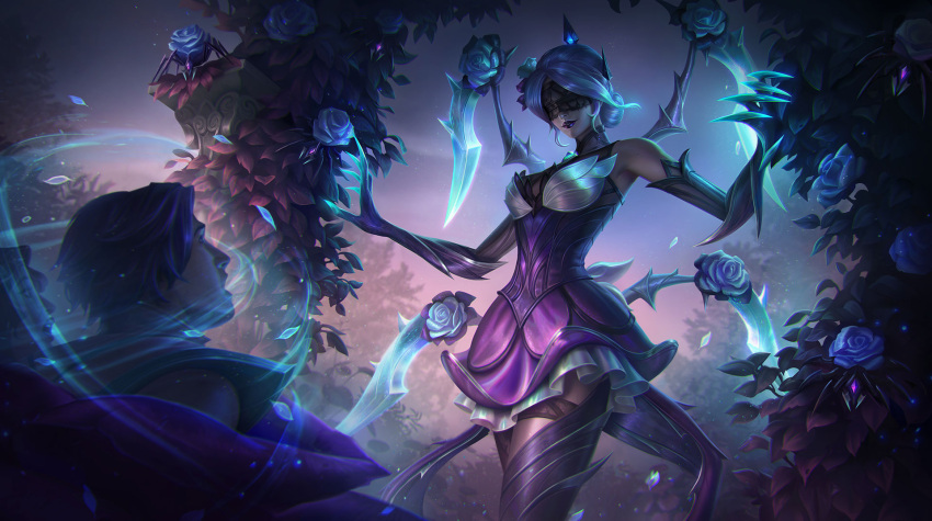 1boy 2girls arthropod_limbs bangs bare_shoulders blindfold breasts dress elise_(league_of_legends) english_commentary facing_another flower glowing hands_up highres large_breasts league_of_legends long_hair looking_at_another marie_magny multiple_girls official_alternate_costume outdoors pink_dress purple_lips short_dress short_hair smile teeth thigh-highs withered_rose_elise