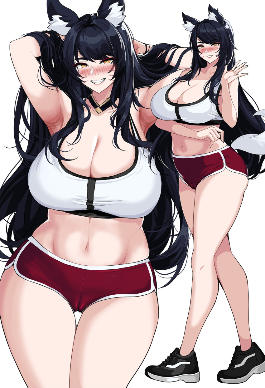 1girl ahri_(league_of_legends) animal_ears armpits black_footwear black_hair black_sports_bra bra breasts dolphin_shorts facial_mark fox_ears fox_tail grin hand_in_hair hella_p highres inset kumiho large_breasts league_of_legends midriff navel projected_inset red_shorts shoes shorts smile sneakers solo sports_bra tail underwear vastaya waving whisker_markings white_sports_bra