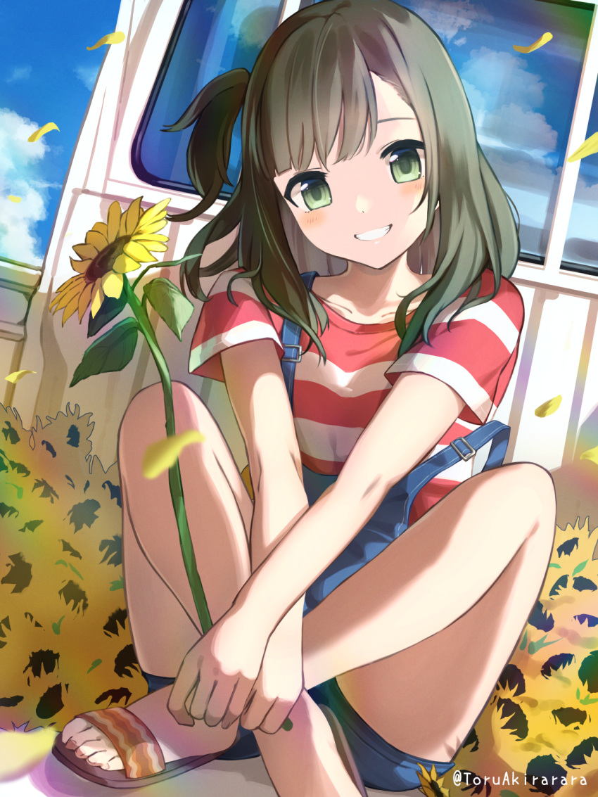 1girl akira_tooru artist_name bangs bare_legs blue_overalls blue_sky brown_hair clouds commentary_request crossed_ankles day flower green_eyes grin ground_vehicle highres indian_style knees_up legs long_hair looking_at_viewer motor_vehicle one_side_up original outdoors overalls petals pickup_truck revision sandals shirt short_sleeves sitting sky smile solo strap_slip striped striped_shirt sunflower swept_bangs t-shirt toes truck twitter_username wind