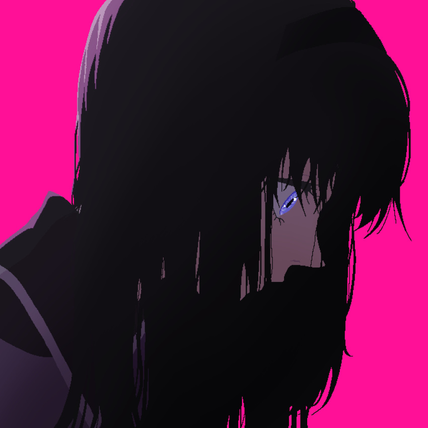 1girl akemi_homura bangs black_hair black_hairband capelet commentary from_side hair_between_eyes hair_ornament hairband highres jaggy_lines long_hair looking_down magical_girl mahou_shoujo_madoka_magica messy_hair namarimari pink_background purple_capelet simple_background solo unkempt upper_body violet_eyes