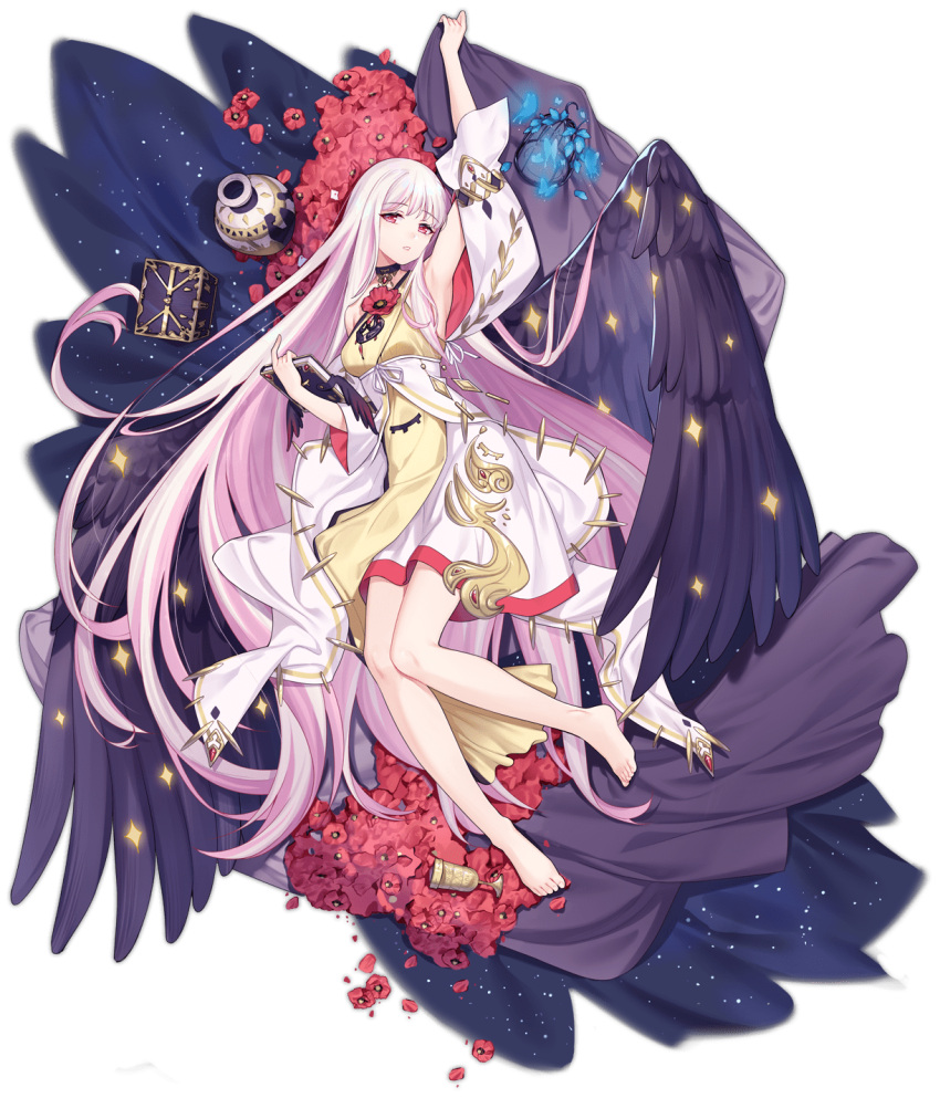 1girl absurdly_long_hair ark_order armpits bangs barefoot bed_sheet black_wings blue_butterfly book bug butterfly cage detached_sleeves dress feathered_wings flower full_body goblet gold_trim highres holding holding_book holding_sheet hypnos_(ark_order) jewelry lan_ren_hui laurels long_hair long_sleeves looking_at_viewer lying neck_flower necklace official_art on_back parted_lips pink_flower pink_hair red_eyes solo space sparkle transparent_background two-tone_dress vase very_long_hair white_dress wing_ornament wings yellow_dress