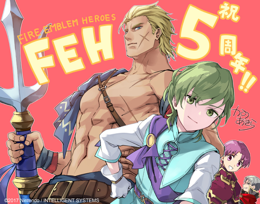 4boys abs blonde_hair closed_mouth company_name fire_emblem fire_emblem_heroes green_eyes green_hair grey_hair hand_on_hip holding holding_polearm holding_weapon innes_(fire_emblem) klein_(fire_emblem) looking_at_viewer mekameka_shii multiple_boys muscular muscular_male ogma_(fire_emblem) open_mouth pectorals pink_hair polearm red_background roshea_(fire_emblem) scar scar_on_chest scar_on_face simple_background upper_body weapon