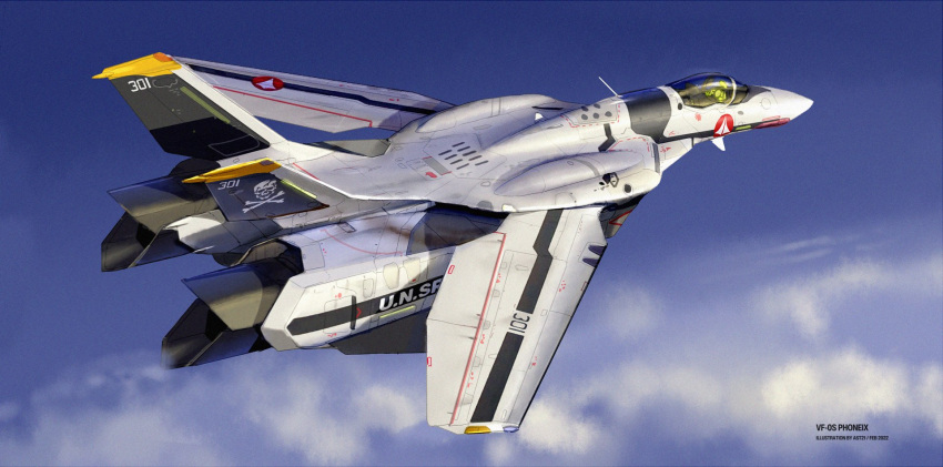 aircraft airplane asterozoa canopy_(aircraft) clouds fighter_jet flying highres jet macross macross_zero mecha military military_vehicle no_humans radio_antenna science_fiction skull_and_crossbones sky solo thrusters variable_fighter vf-0