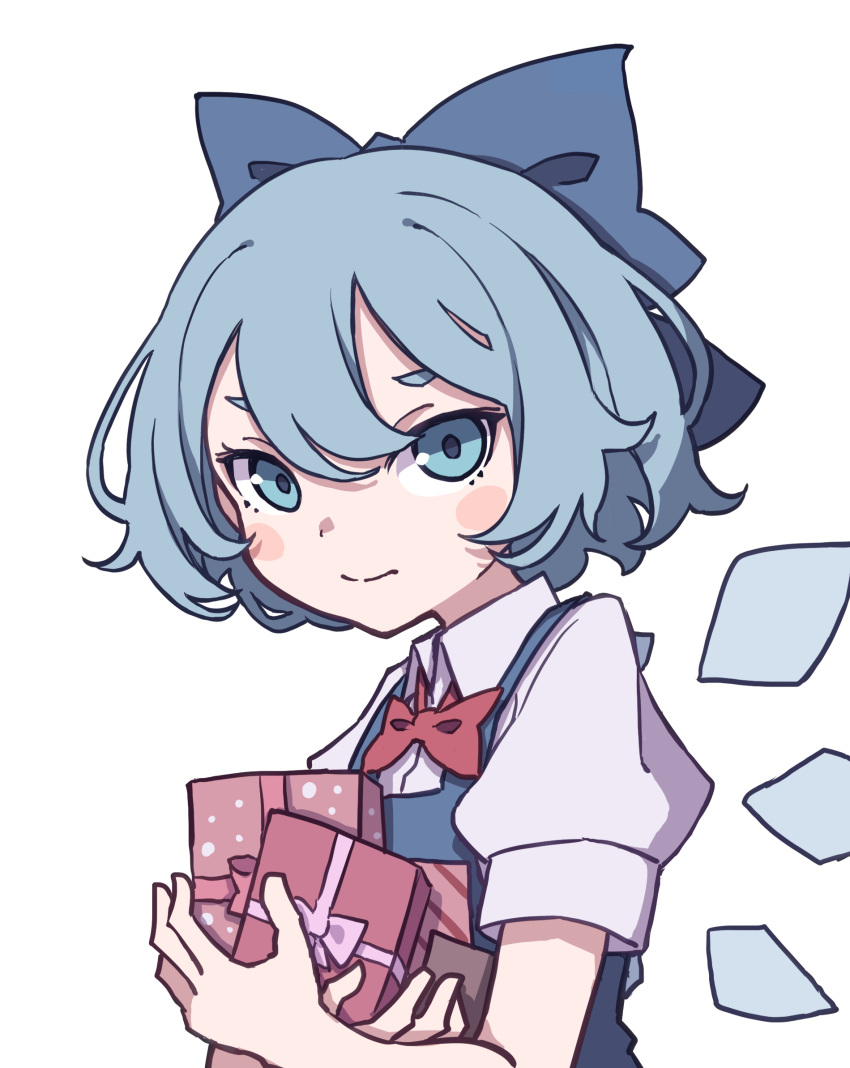 1girl bangs blue_dress blue_eyes blue_hair box cirno collared_shirt dress flat_chest gift gift_box highres holding ice ice_wings kame_(kamepan44231) neck_ribbon pinafore_dress puffy_short_sleeves puffy_sleeves red_neckwear ribbon shirt short_hair short_sleeves simple_background solo touhou white_background white_shirt wings