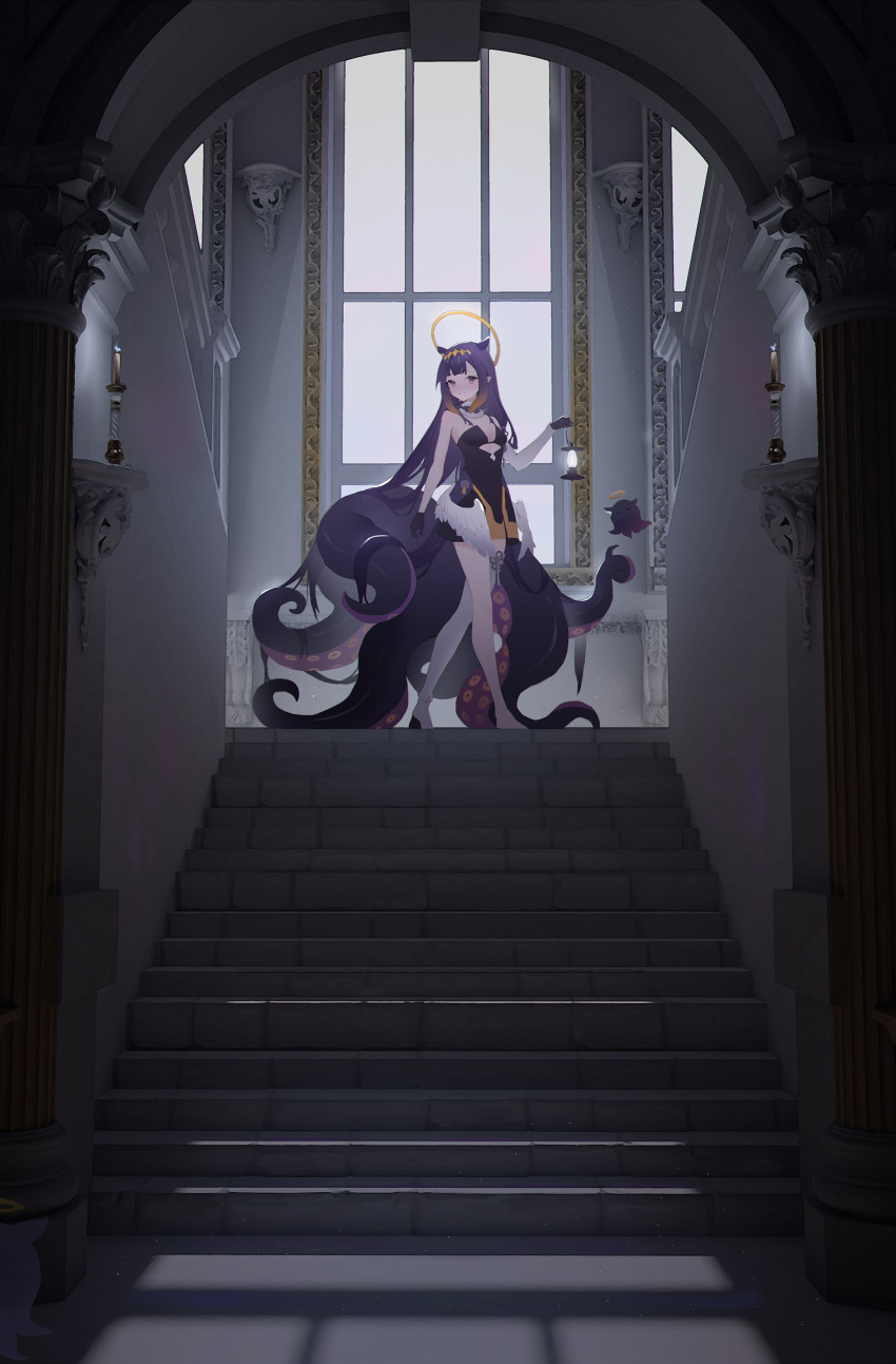 0_0_0 1girl absurdres bangs blunt_bangs breasts candle commentary dress eyebrows_visible_through_hair full_body gloves halo highres holding holding_lantern hololive hololive_english indoors lantern long_hair looking_at_viewer ninomae_ina'nis pointy_ears purple_hair sleeveless small_breasts smile solo stairs standing tentacles very_long_hair violet_eyes window
