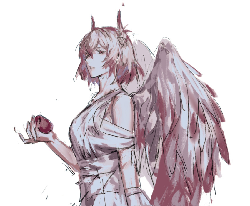 1girl angel_wings arknights dress eyebrows_visible_through_hair food fruit highres hkeno holding holding_food holding_fruit red_eyes redhead simple_background suffering_(arknights) white_background white_dress wings