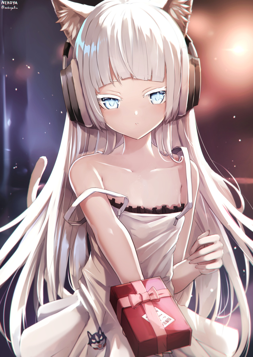 1girl animal_ear_fluff animal_ears awp_(girls'_frontline)_(nekoya_(liu)) bangs blue_eyes blurry blurry_background box cat_ears cat_girl cat_tail closed_mouth colored_eyelashes commentary_request depth_of_field dress eyebrows_behind_hair frilled_dress frills gift gift_box girls_frontline headphones highres holding holding_gift long_hair looking_at_viewer nekoya_(liu) original outstretched_arm pleated_dress signature solo strap_slip tail twitter_username very_long_hair white_dress white_hair