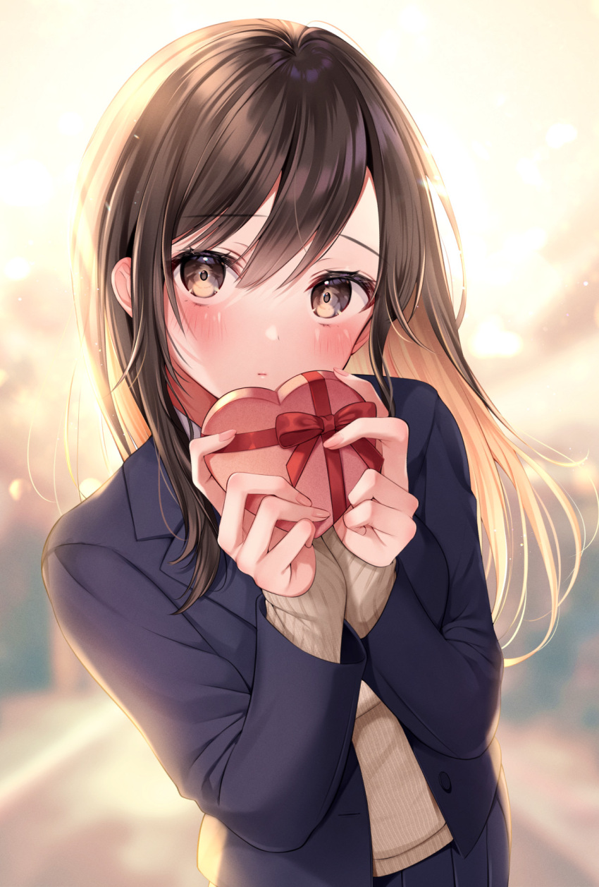 1girl bangs black_jacket blurry blurry_background blush box brown_eyes brown_hair closed_mouth eyebrows_visible_through_hair gift heart-shaped_box highres holding holding_gift jacket long_hair long_sleeves looking_at_viewer original solo upper_body valentine yugirlpict